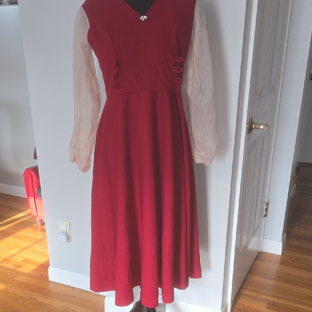 Elegant Red Dress with Sheer Sleeves